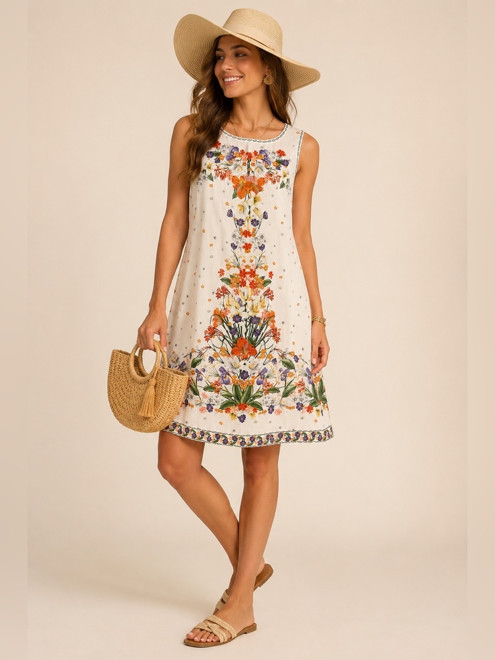 Max Studio London Linen Blend Floral Shift Dress  M Boho Cottagecore Sleeveless